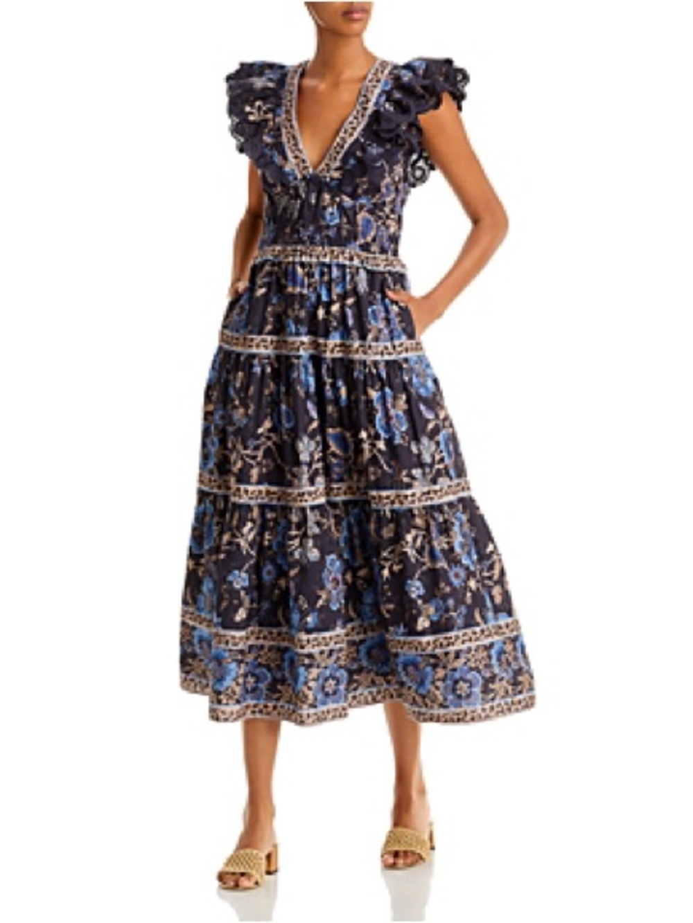 Sea New York Tess Navy and Blue Floral Ruffled V-Neck Midi Dress
